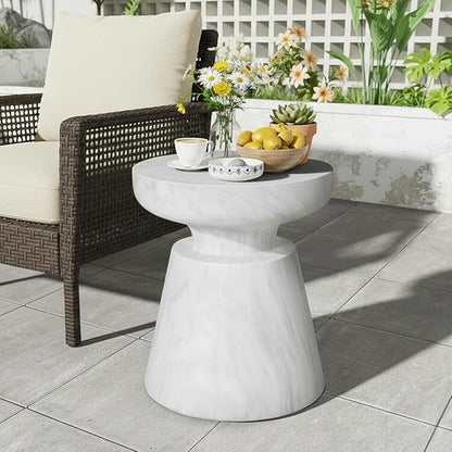 Outdoor Side Table Round Concrete End Table Faux Stone Side Tables Travertine Small Coffee Tables for Indoor Outdoor Garden Stool Plant Stand for Porch, Backyard Patio 17.75", Faux Marble