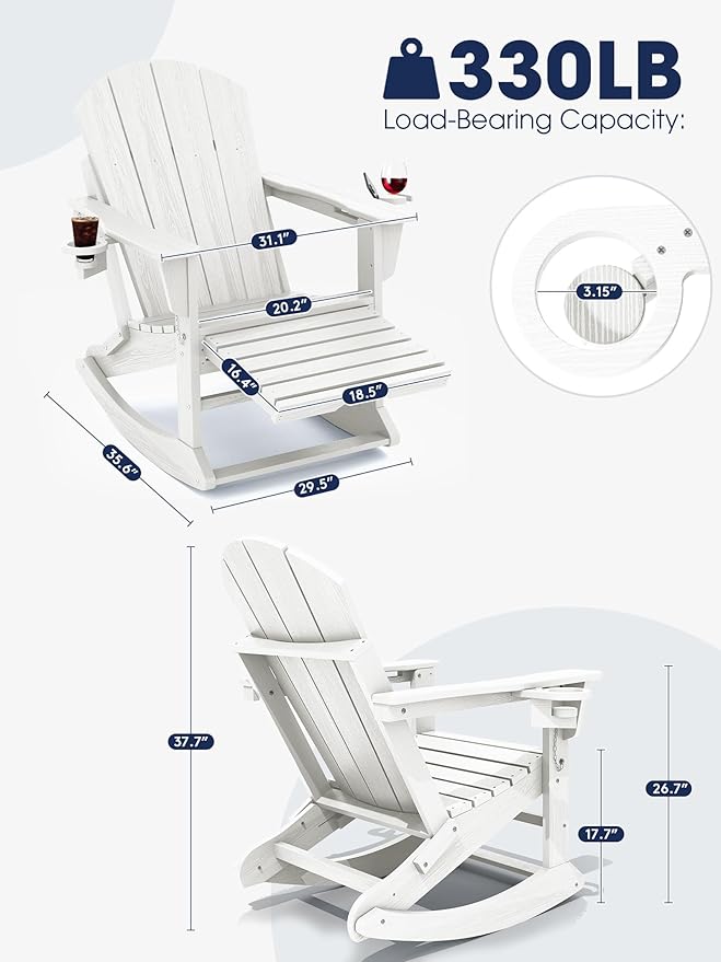 KINGYES Adirondack Rocking Chair Set of 4 with Retractable Ottoman and Cup Holders, HDPE Adirondack Rocker Patio Rocking Chair for Porch, Patio, Balcony, White