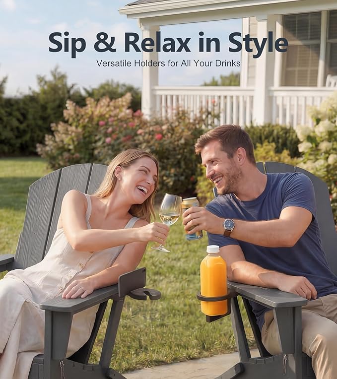 PASAMIC Adirondack Rocking Chairs Set of 2, Foldable All-Weather HDPE Patio Rockers with Retractable Ottoman & Cup Holder, Outdoor Chairs for Porch Backyard Pool Garden Balcony, Gray