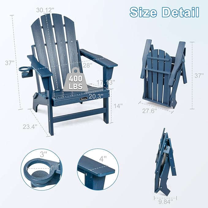 FUNBERRY Folding Adirondack Chairs Set of 4, HDPE Stable Gun-Leg Design Fire Pit Chairs with Cupholder All Weather for Outside