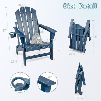 FUNBERRY Folding Adirondack Chairs Set of 4, HDPE Stable Gun-Leg Design Fire Pit Chairs with Cupholder All Weather for Outside