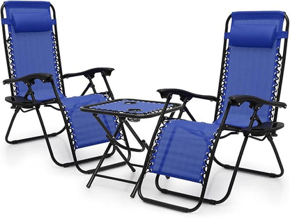 Athena Collection Zero Gravity Outdoor Lounge Chair Set of 2 with Side Table, 25" Width Pool Lounge Lawn Chairs Reclining with Cup Holder, Outdoor Chaise for Beach Patio Backyard Outside, Blue