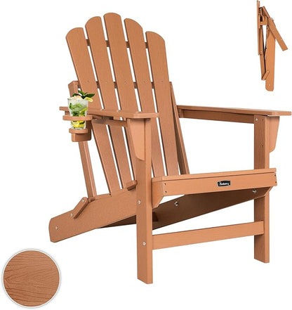 FUNBERRY Folding Adirondack Chair, All Weather HDPE Wood Texture Fire Pit Chairs with Cup Holder for Outdoor