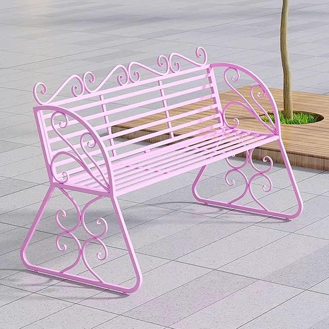 2-Seat Patio Porch Bench 45"，Outdoor Metal Garden Bench，Weather Proof Porch Path Chair，Patio Bench with Backrest and Armrests，Patio Bench for Lawn Path Yard Decor Deck Furniture(Pink)