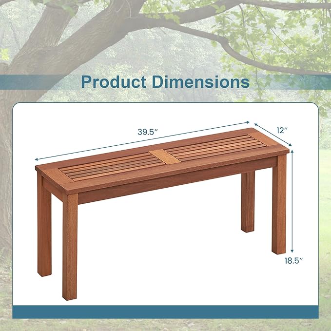 Wooden Outdoor Bench, 2-Seater Backless Garden Bench, Solid Weatherproof Wood Frame for Outdoors, 39.5” Long Slatted Patio Bench for Entryway, Porch, Backyard, Lawn, Natural