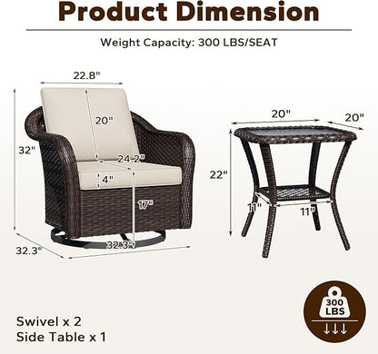 3 Piece Patio Wicker Bistro Set, 2 All-Weather Use Outdoor Wicker Swivel Chairs with PE Rattan Side Table,Ideal for Porch, Backyard, Balcony, Poolside, Beige