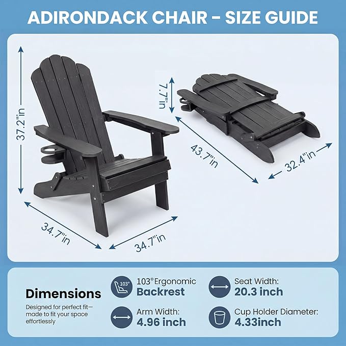 JEKO&JEKO Folding Adirondack Chairs Set of 2, All-Weather Outdoor Chair with Cup Holder, Plastic Adirondack Chair for Patio, Garden, Lawn, Porch, Deck, Backyard – Black