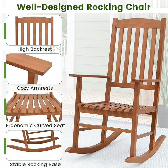 Giantex Wood Outdoor Rocking Chair - Eucalyptus Rocker Chair with Stable & Safe Rocking Base, High Backrest, Slatted Patio Rocker for Garden, Poolside, Courtyard Outdoor Rockers, Porch Rocker (1)