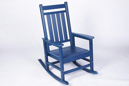 Oversized Rocking Chair with Wood-Texture, Outdoor Rocking Chair for Adults, All Weather Resistant Porch Rocker for Lawn Garden (Navy Blue)