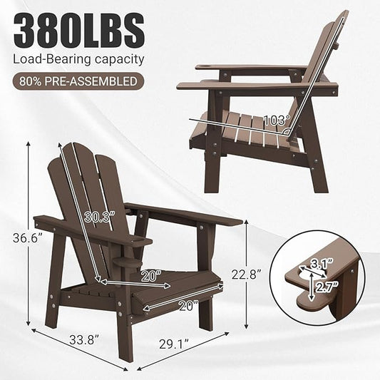 PROHIKER Adirondack Chair Set of 2, HDPE Outdoor Patio Chair with Cup Holder All Weather Outdoor Chairs for Lawn Garden Porch Backyard, Plastic, Brown