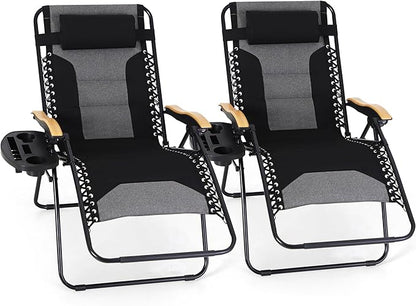 MAISON ARTS Oversized XXL Padded Zero Gravity Chair Set of 2, 30" Wide Seat Foldable Patio Recliner, Anti Gravity Outdoor Lawn Chair with Cup Holder & Pillow, Supports 400lbs, Black & Grey