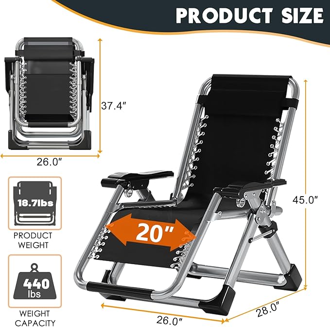 MOPHOTO Zero Gravity Chair, Outdoor Padded Lounge Chair with Side Table, Zero Gravity Recliner Chair, Outdoor Reclining Chair, Sturdy & Comfortable, Supports up to 440lbs