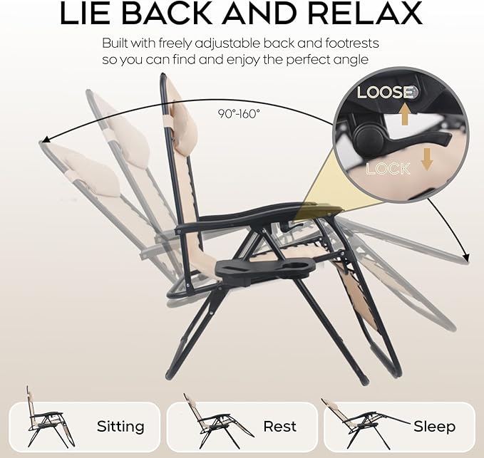Set of 2 Adjustable Zero Gravity Lounge Chairs Outdoor Recliner w/Cup Holder Tray & Removable Pillows, Ergonomic Reclining Chair for Camping Patio Lawn Balcony (Beige-Brown)