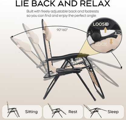 Set of 2 Adjustable Zero Gravity Lounge Chairs Outdoor Recliner w/Cup Holder Tray & Removable Pillows, Ergonomic Reclining Chair for Camping Patio Lawn Balcony (Beige-Brown)
