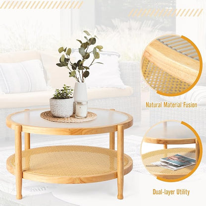 Outvita Outdoor Side Table, Rattan Rubber Wood Coffee Table with Weather - Resistant Coating, Double - Layer Storage, 31.5"x31.5"x 17.3", Easy Assembly for Patio, Garden, Living Room, Bedroom