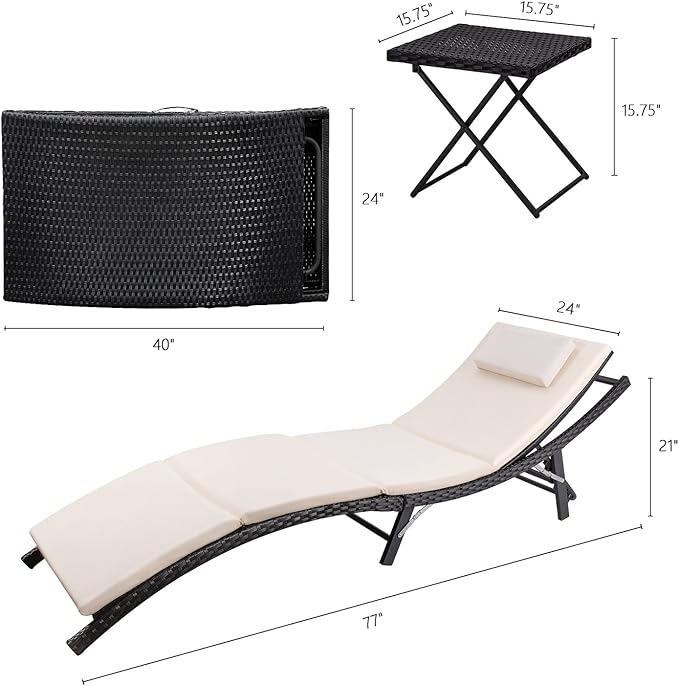 Devoko Patio Chaise Lounge Sets Outdoor Rattan Adjustable Back 3 Pieces Cushioned Patio Folding Chaise Lounge with - Photo 9
