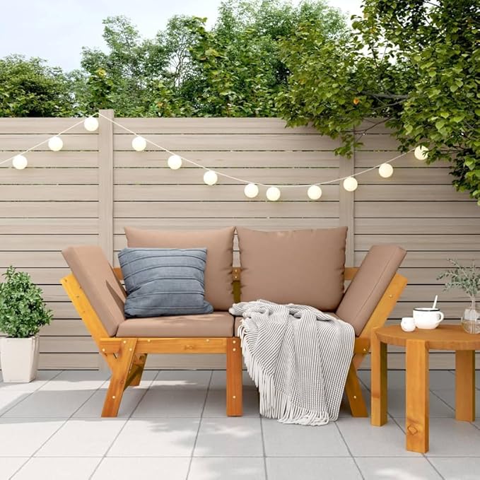 Taupe Solid Acacia Wood Garden Bench with Removable Cushions, Convertible Daybed, Adjustable Armrests, Weather Resistant Outdoor Furniture for Patio