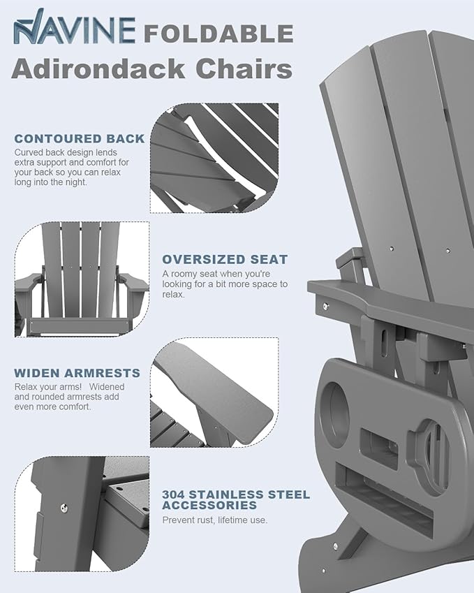 Adirondack Chair Set of 4, HDPE Folding Adirondack Chair with Multifunctional Cup Holder, Weather Resistant Fire Pit Chair for porches, patios, poolsides, Decks.