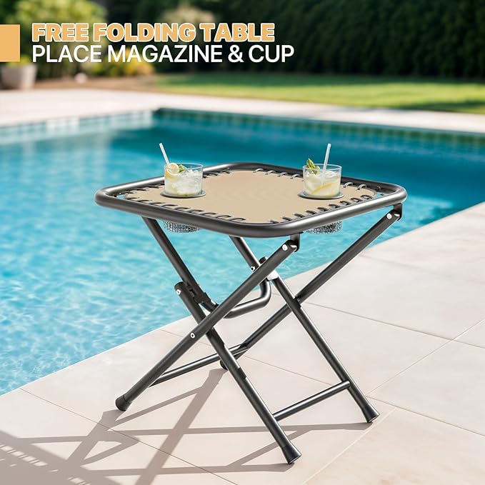 Magshion Folding Zero Gravity Chairs Set of 2, Outdoor Reclining Camping Chairs, Patio Lounge Recliners with Side Table & Cup Holder Tray, Cream