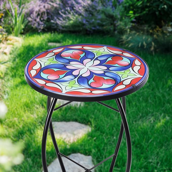 MUMTOP Side Patio Tables-Mosaic Outdoor Side Table - 14’’ Symmetrical Pattern Glass Accent Round End Table - Photo 2