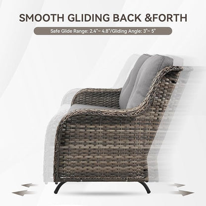 Patio Loveseat Glider Set, Resin Wicker Loveseat Glider with 2 Swivel Patio Chiars and Coffee Table, 4 Piece Patio Bistro Set Furniture Set Loveseat Set, Grey Wicker | Grey Cushions