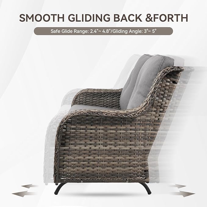 Patio Loveseat Glider Set, Resin Wicker Loveseat Glider with 2 Swivel Patio Chiars Coffee Table and Side Table, 5 Piece Patio Furniture Set Loveseat Set, Grey Wicker|Grey Cushions