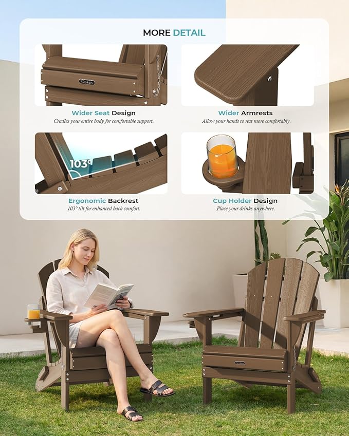 Ciokea Folding Adirondack Chairs Set of 2, Patio Adirondack Chair Weather Resistant - Photo 7