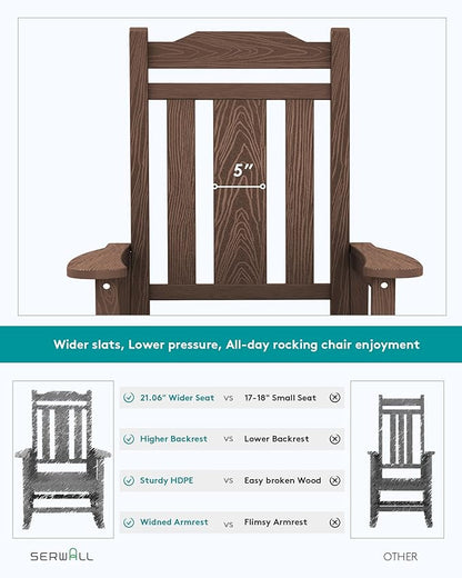 SERWALL Oversized Rocking Chair Set of 4 Outdoor, HDPE Outdoor Rocking Chair Set of 4, Patio Rocking Chair Sets for Adults, Coffee