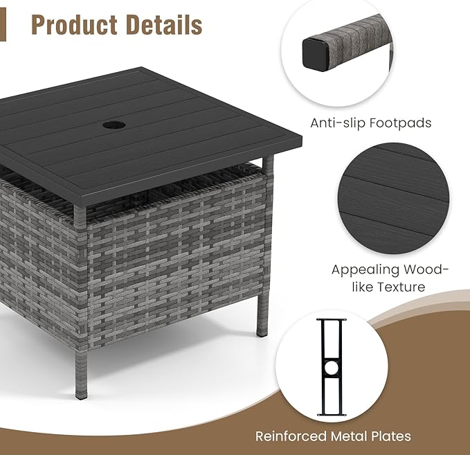 Tangkula Outdoor Wicker Table, Rattan Coffee Table with Umbrella Insert Hole, HDPE Tabletop & Sturdy Metal Frame, Patio Umbrella Side Table Stand for Backyard, Garden, Poolside (Mix Grey)