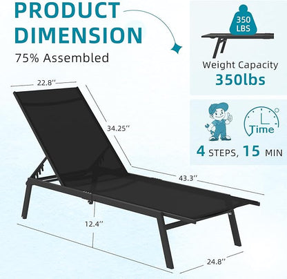 AECOJOY Patio Lounge Chairs for Outside, Adjustable Outdoor Chaise Lounge with Wheels and Adjustable 5-Position Recliner for Pool, Beach, Backyard, Deck, Lawn, Black, 2PCS