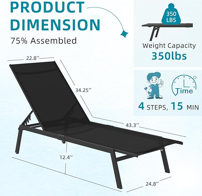 AECOJOY Patio Lounge Chairs for Outside, Adjustable Outdoor Chaise Lounge with Wheels and Adjustable 5-Position Recliner for Pool, Beach, Backyard, Deck, Lawn, Black