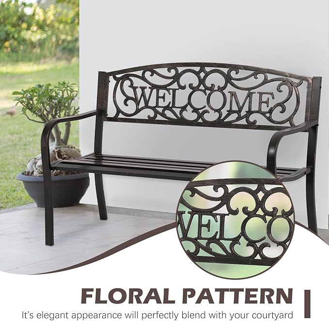 Outdoor Garden Bench Metal Furniture Chair Porch Chair for Yard & Park, Bronze