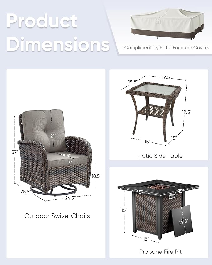 7 Pieces Patio Furniture with Fire Pit-High Back Swivel Patio Chairs Set of 4 with Outdoor Side Table Outdoor Patio - Photo 2