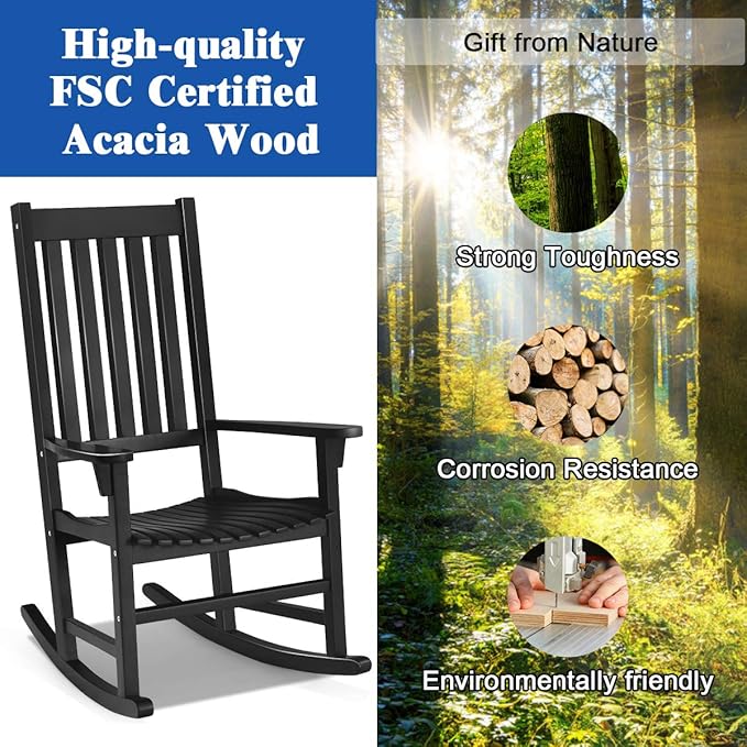 Tangkula Acacia Wood Porch Rocking Chair, Wooden Rocking Chair Rocker with High Back & Armrest for Indoor Outdoor Use, Patio Rocker for Garden Lawn Balcony Backyard Poolside (1, Black)