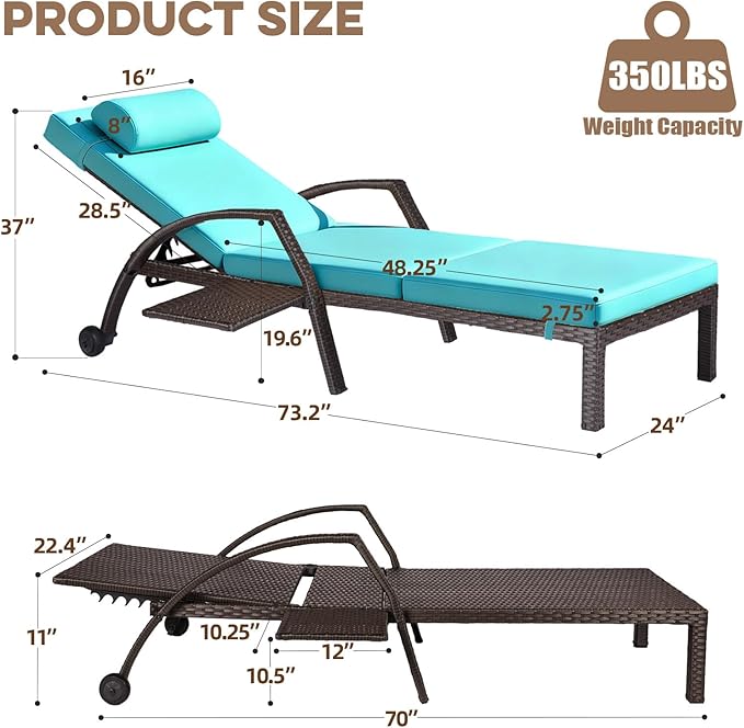 Patio Chaise Lounge Chairs Set of 4 Wicker Pool Lounge Chairs Outdoor with 5 Adjustable Back & Removable Cushion & Tray Tanning Chair Sun Loungers for Patio Poolside Deck Beach