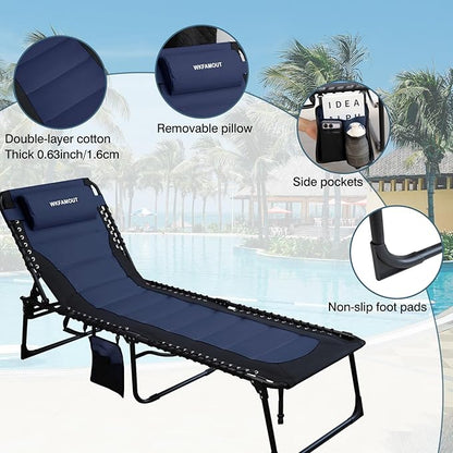 Oversized Padded Outdoor Folding Lounge Chair for Adults 330Ibs Patio Chaise Lounge Chair for Outside Adjustable 5-Position Reclining Beach Chair with Pillow Pocket