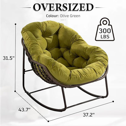 Large Indoor Outdoor Rocking Chair, Oversized Rocking Papasan Chair with Thick Cushion and Frame Outdoor Rocker, Comfy Wicker Egg Chairs Lounge for Outside Porch Patio Backyard (Olive Green, Set of 2)