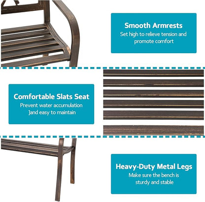 MFSTUDIO 50" Outdoor Garden Bench, Patio Metal Frame Park Bench with Bird Pattern Backrest for Porch, Lawn, Deck(Bronze)