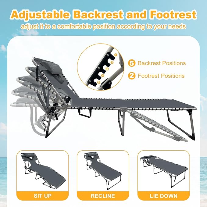 Backpack Sun Tanning Chair with Face Hole & Beach Table, 5-Position Adjustable Folding Lounge Chair Outdoor for Lawn Patio Garden