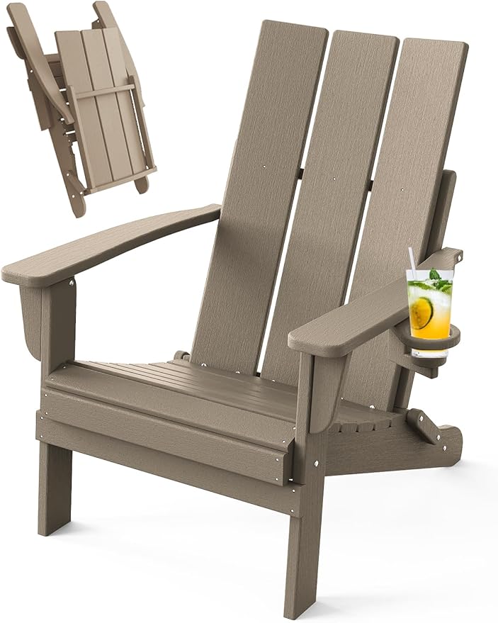 Adirondack Chair with Cup Holder, Folding Outdoor Lawn Chair, HDPE Plastic Fire Pit Chair, Weather Resistant Patio Chairs for Deck, Porch, Backyard, Garden, Weathered Wood