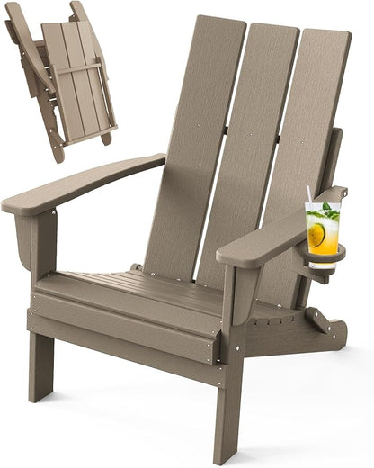 Adirondack Chair with Cup Holder, Folding Outdoor Lawn Chair, HDPE Plastic Fire Pit Chair, Weather Resistant Patio Chairs for Deck, Porch, Backyard, Garden, Weathered Wood
