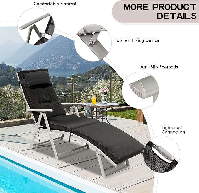 Giantex Chaise Lounge Chair for Outside, Pool Folding Reclining Beach Chair W/Removable Cushion&Headrest Pillow, Outdoor Lounge Chaise w/ 7 Backrest Positions, Portable Patio Lounger (2, Black)