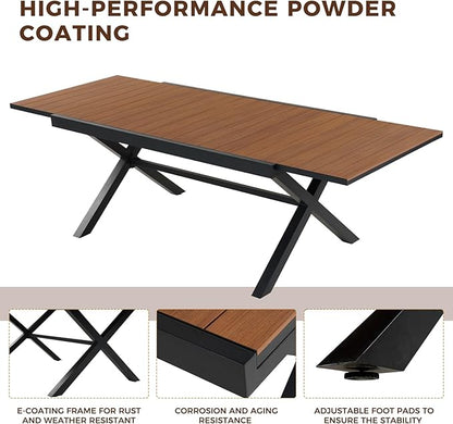 Grand patio Expandable Patio Dining Table, Extra Large 94.5" L x 37" W Outdoor Dining Table for 6-10 Person Wood Grain Rectangular Patio Table with E-Coating for Garden Porch Deck, Black