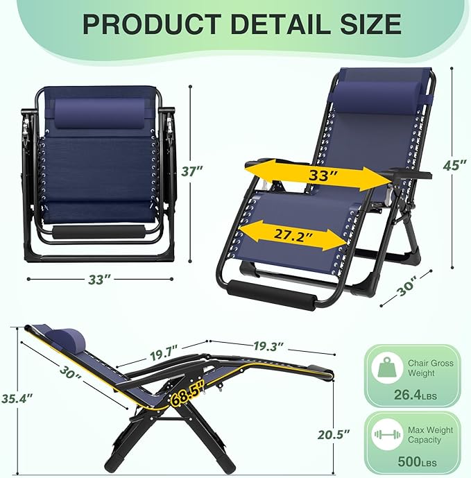 Suteck Oversized Zero Gravity Chair, 33In XXL Lounge Chair w/Removable Cushion&Headrest - Photo 2