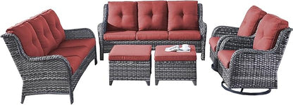 Rilyson Wicker Patio Furniture Set - 6 Piece Rattan Outdoor Sectional Conversation Sets with 2 Rocking Swivel Chairs,2 Ottomans and 2 Sofa for Porch Deck Garden(Mixed Grey/Red)