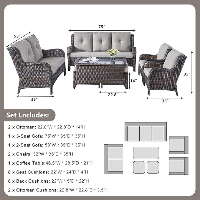 Outdoor Patio Furniture Sofa Set - 7 Piece Rattan Wicker Patio Sectional Conversation Sets with 1 Sofa, 1 Loveseat - Photo 2