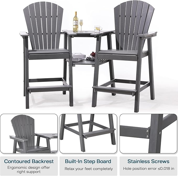 Tall Adirondack Chairs Set of 8, HDPE Balcony Chair with Double Connecting Tray, Weather Resistant Outdoor Adirondack Bar Stools for Patio, Deck, Patio, Backyard, Balcony. (Grey)