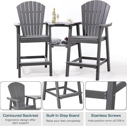 Tall Adirondack Chairs Set of 8, HDPE Balcony Chair with Double Connecting Tray, Weather Resistant Outdoor Adirondack Bar Stools for Patio, Deck, Patio, Backyard, Balcony. (Grey)