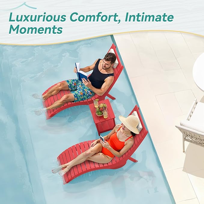 Pool Lounge Chairs Set of 2 - Anti-Floating HDPS Design for Pools & Backyard Sun Decks, Weighted Pool Chairs and Lounges for Poolside or Outside, Includes Headrest, Bright Red