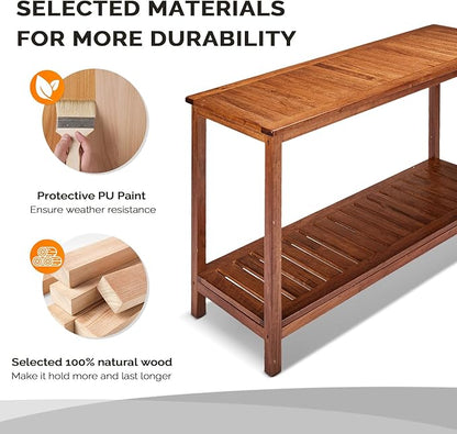 VINGLI 49in Solid Wood Outdoor Console Table, 2-Shelf Wooden Outdoor Accent Plant Table Multifunctional Buffet Bar Storage Organizer for Indoor Patio Porch and Entryway (Natural)